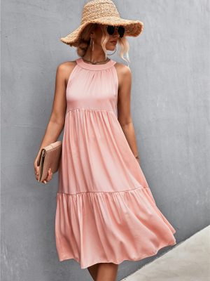 Women Clothing Spring Summer Popular Loose Casual Halter Stitching Dress