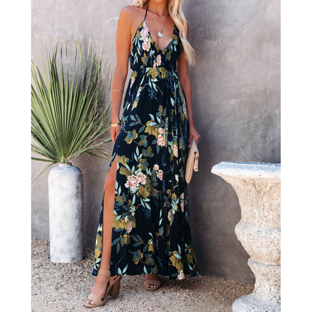 European American Summer V neck Pleated Halter Dress Casual Loose Lace up Dress - Image 2