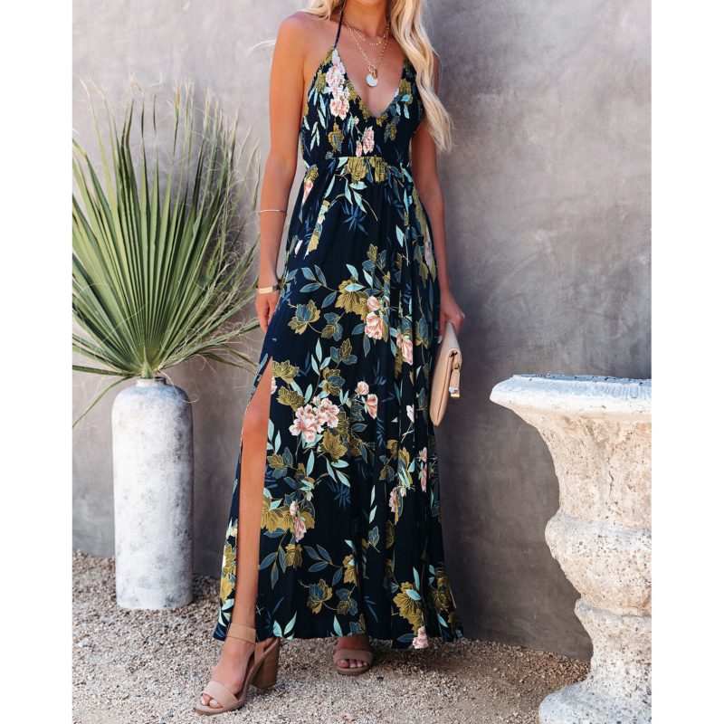 European American Summer V neck Pleated Halter Dress Casual Loose Lace up Dress - Image 2