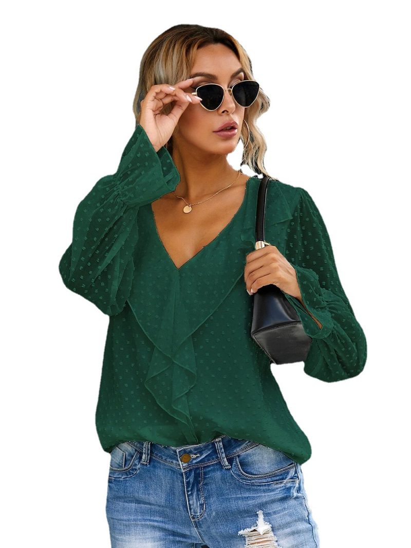 Solid Color V-neck Pullover Ruffled Lantern Sleeves Office Loose Chiffon Autumn Women Top - Image 4