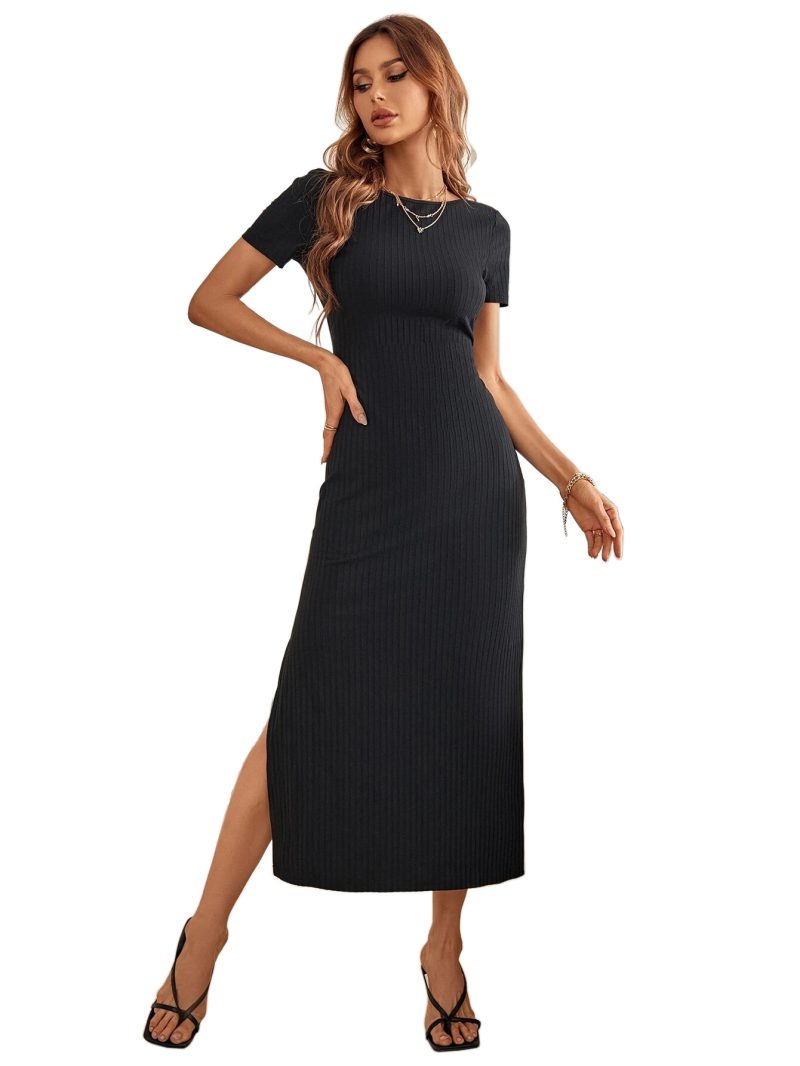 Women Clothing Sexy Backless Lace up Knitted Short Sleeve A- line Dress High Slit Maxi Dress - Image 5