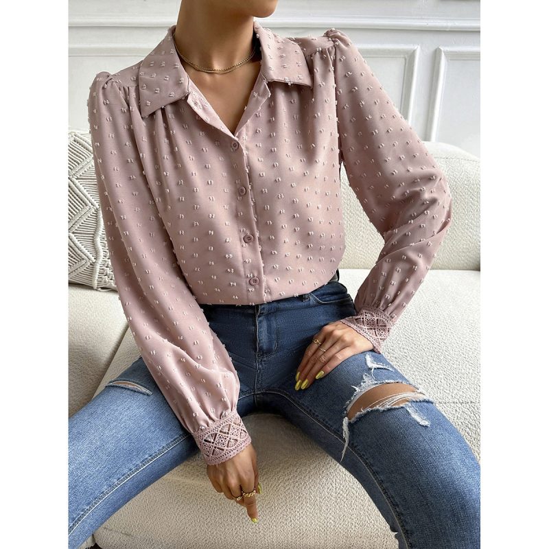 Spring Summer Office Fur Ball Stitching Lace Shirt Top Women - Image 3