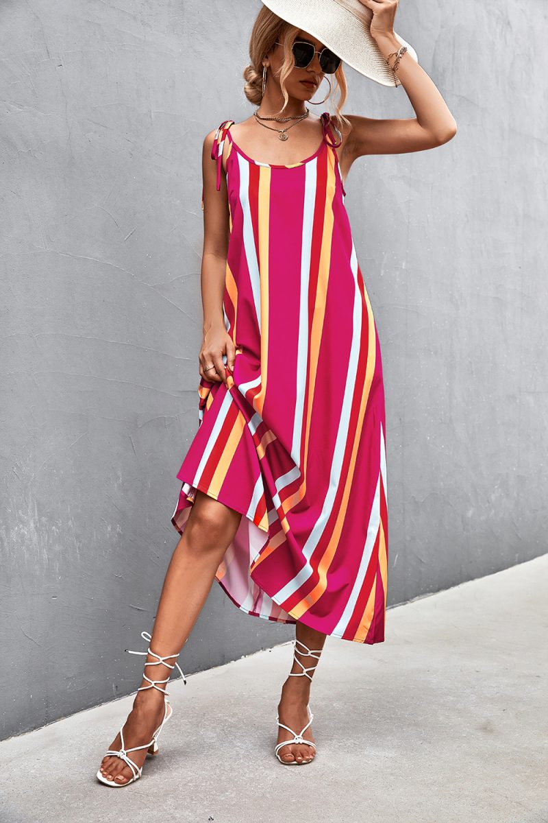 Spring Summer Sexy Backless Contrast Color Striped Spaghetti Straps Dress - Image 3