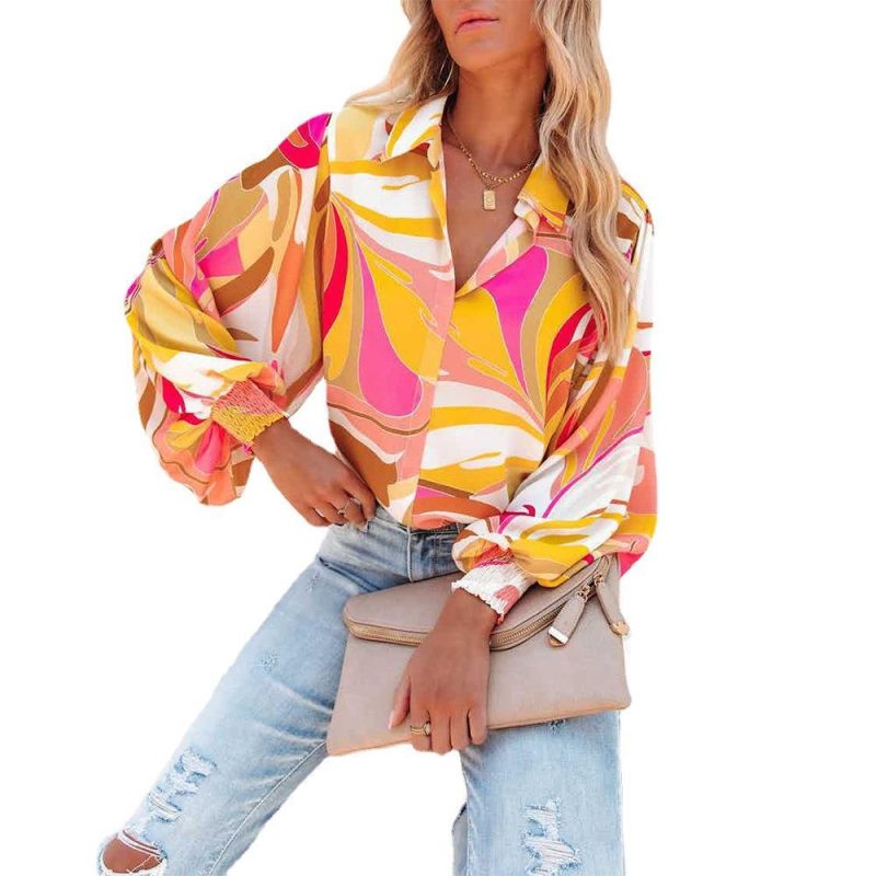 Autumn Winter Printed Lantern Sleeve Collared Cardigan Single Breasted Casual Shirt Women Top - Image 4