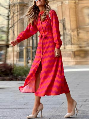 Autumn Women Clothing Printed Lace-up Contrast-Color Bohemian Split Dress