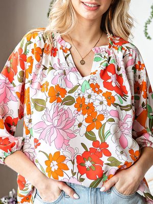 Printed Lantern Sleeve Chiffon Shirt Women Spring Loose Ninth Sleeve Pullover Women