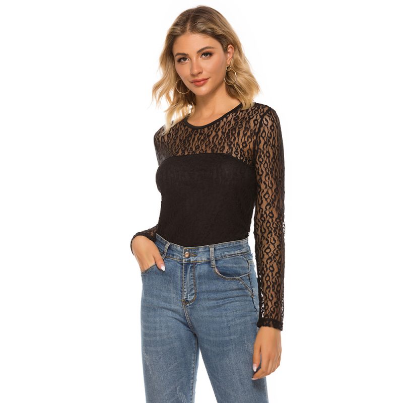 Spring Summer Women Round-Neck Sexy Hollow Out Cutout out Lace Stitching Long Sleeve Casual Bottoming Shirt - Image 4