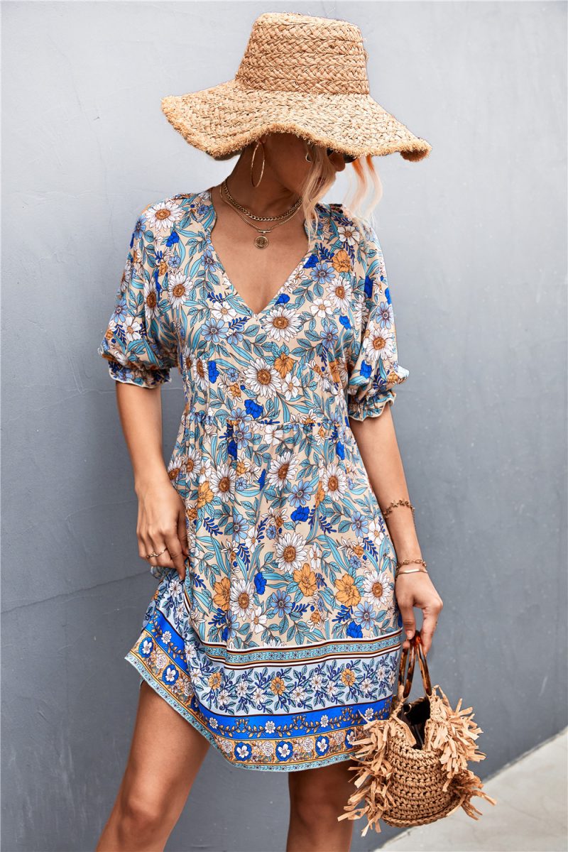 Spring Summer Bohemian V-neck Positioning Floral Dress for Women - Image 2