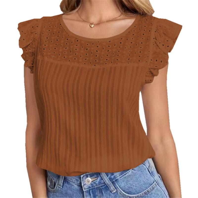 Summer Summer Women Clothing Hollow Out Cutout out Stitching Sleeveless Ruffled Eyelet Embroidery T-shirt Women - Image 2