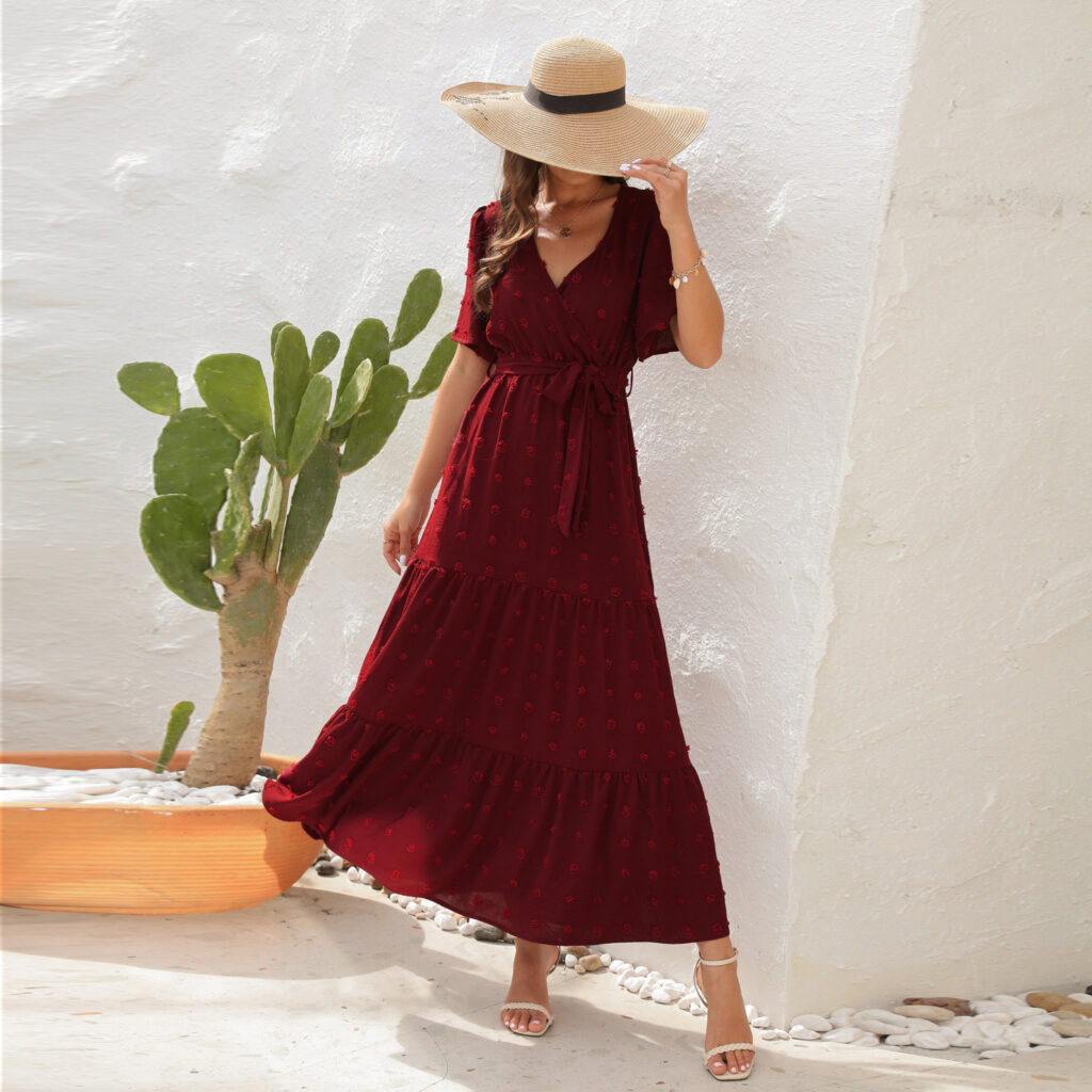 V neck High Waist Tied Dress Fur Ball Long Short Sleeve Dress Holiday Travel Dress - Image 2