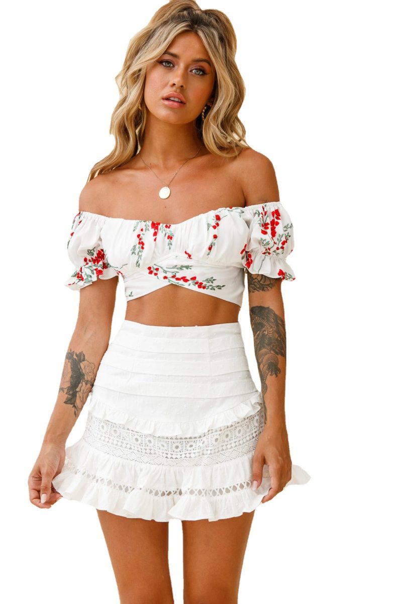Bright Yellow Floral Digital Women Printed Wear off-Neck Sexy Short Sleeve Top Shoulder-Baring T-shirt - Image 4