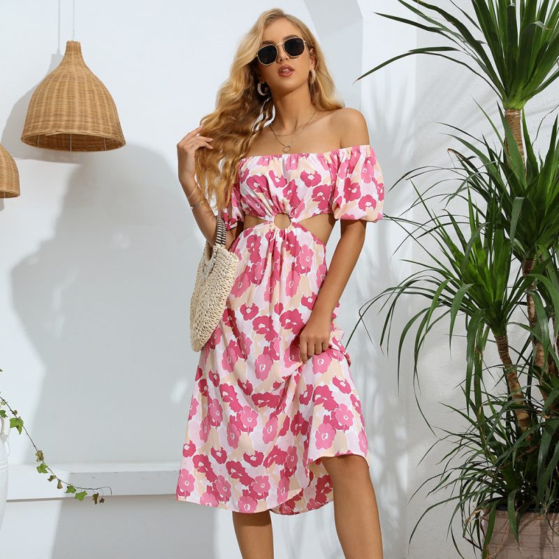 Summer Square Collar Women Printed Wear cropped Outfit Sexy Slim Fit Short Sleeve Dress