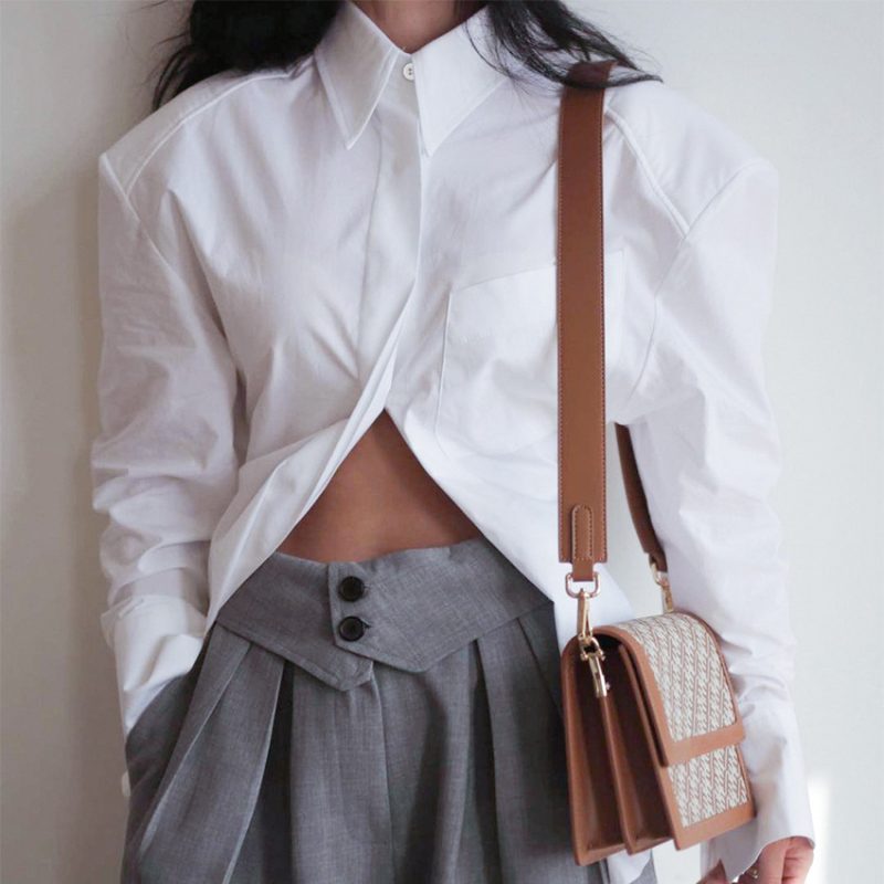Spring Design Backless Lace up Shirt Shoulder Pad Office Fitted Waist High Waist - Image 4