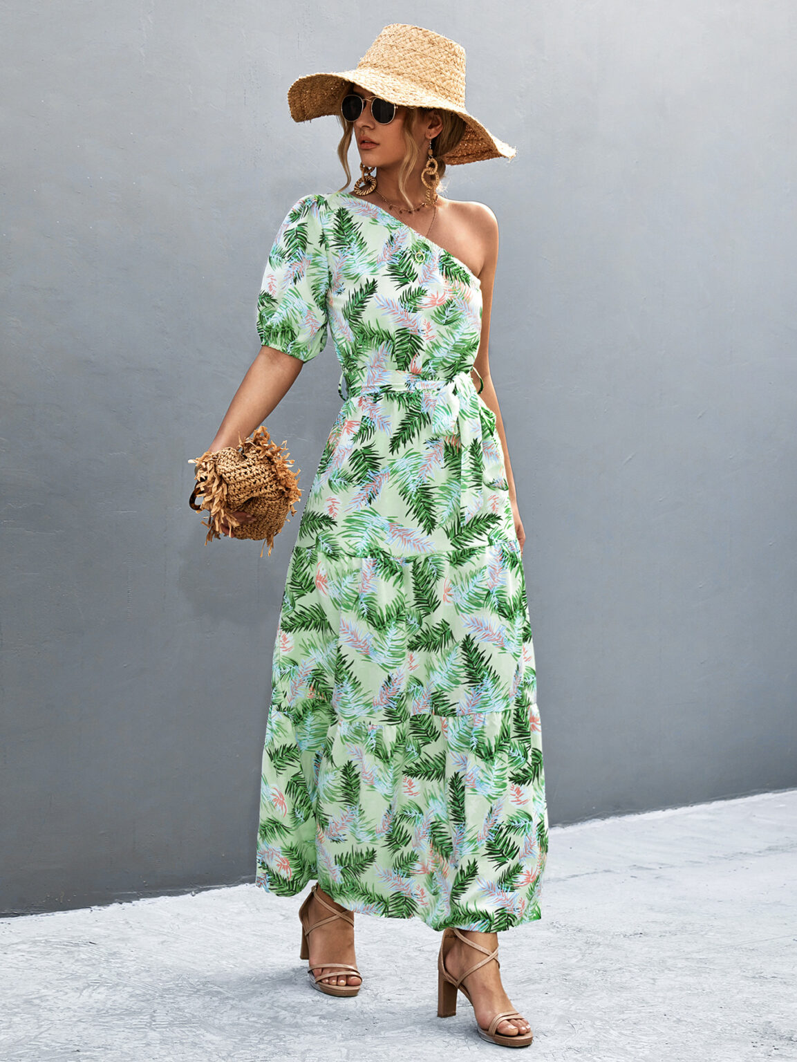 Popular Women Clothing Oblique Shoulder Printed Short Sleeve Dress - Image 2
