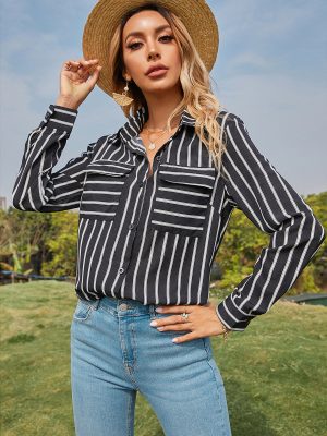 Women Clothing Sexy Vertical Striped Shirt V neck Long Sleeve Slim Fit Top Women