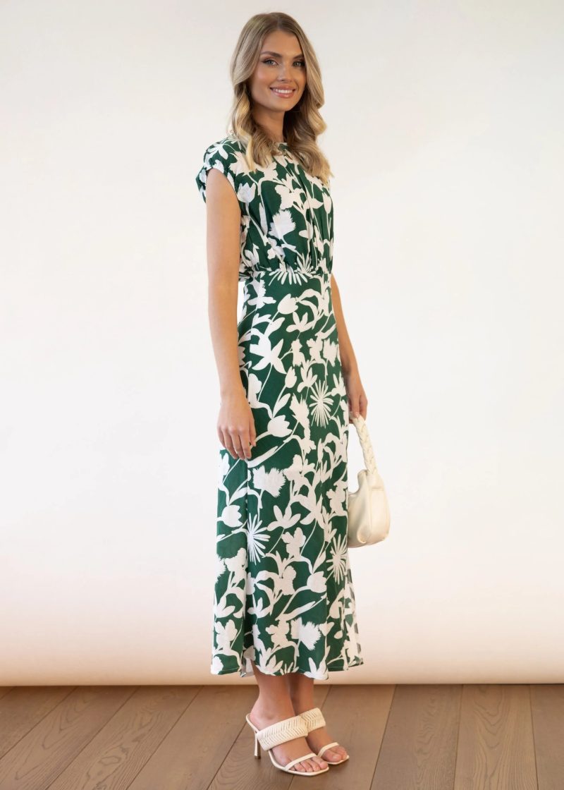 Round Neck Short Sleeve Printed Fold Split Dress Women  Clothing - Image 3