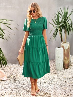 Waist Tight Slimming Large Hem Dress Spring Summer round Neck Smocking Vacation Dress