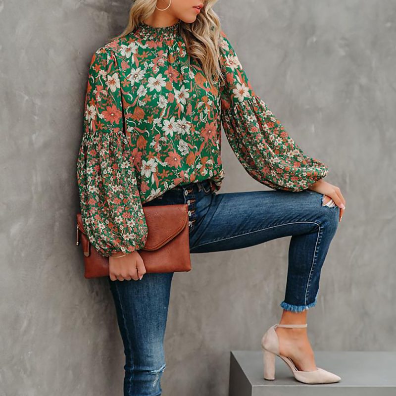 Printing Lantern Long Sleeve Loose Casual Shirt Autumn Winter Women Clothing - Image 3