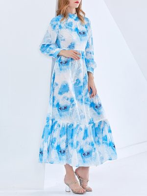 Vacation Tie Dyed Blue Dress Autumn Small Stand Collar Chiffon Long Sleeve Patchwork Ruffled Dress