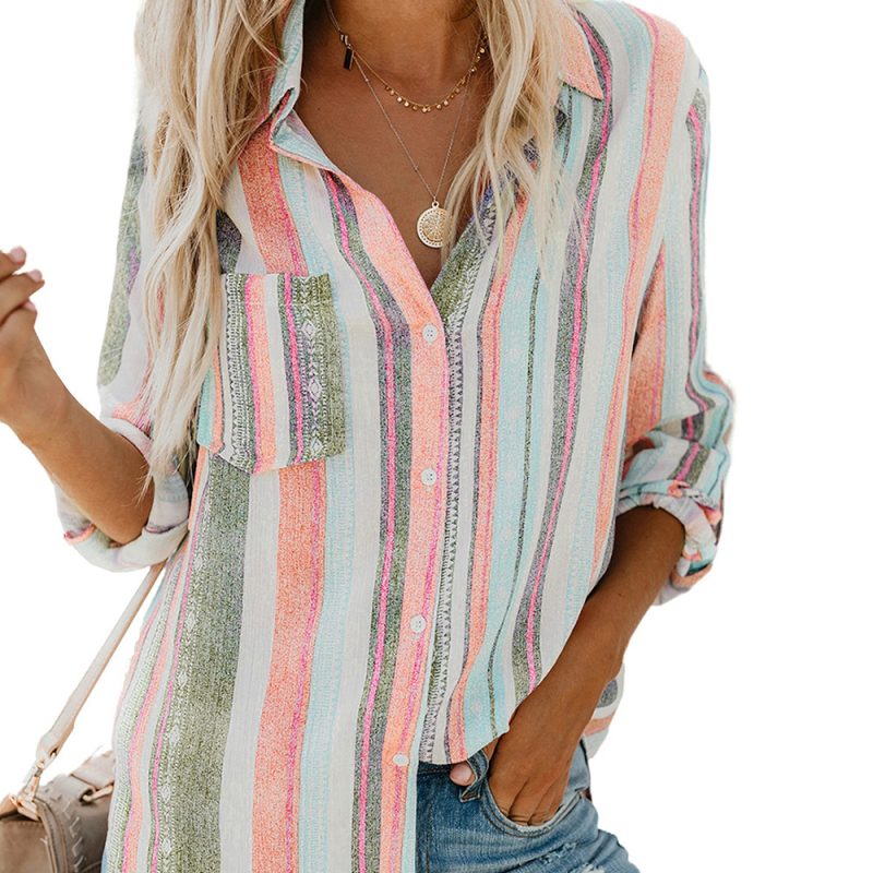 Autumn Striped Collared Long Sleeve Cardigan Single-Breasted Shirt Women - Image 4