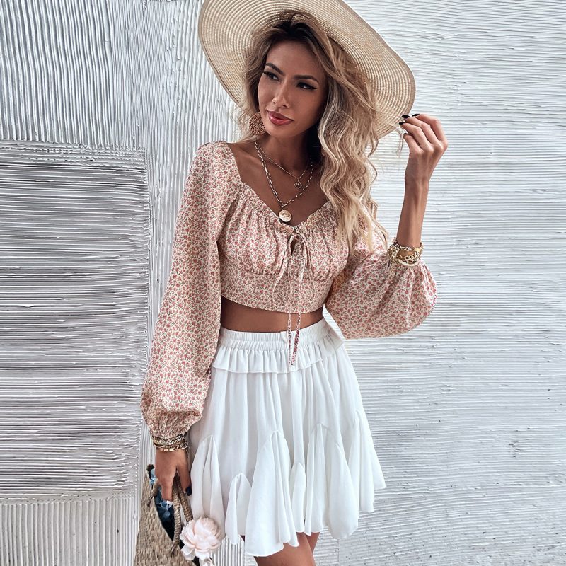 Floral Long Sleeve Square-Neck Bow cropped Chiffon Pink Cropped T-shirt - Image 2