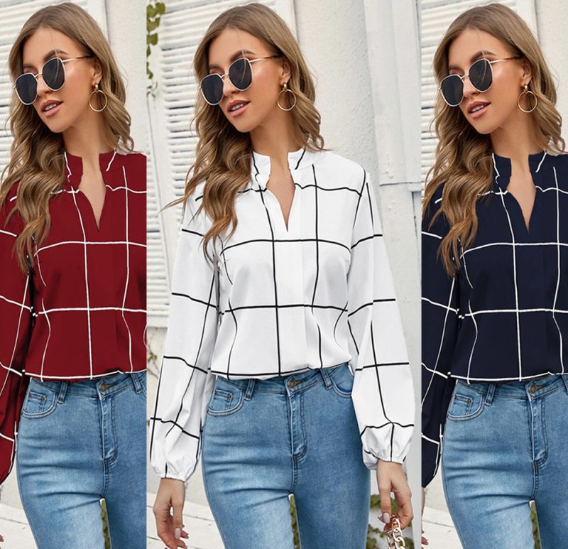 Autumn Elegant Shirt Stand Collar Long Sleeve Plaid Printed Chiffon Women Shirt - Image 5