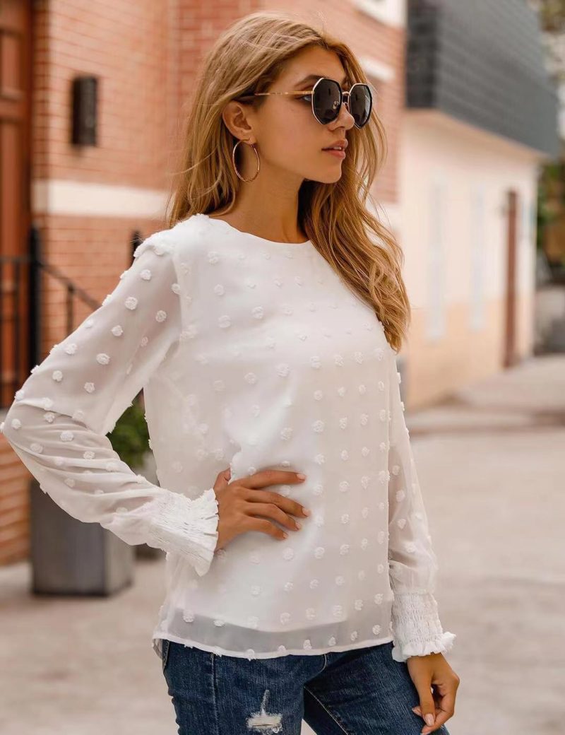 Arrival round Neck Jacquard Chiffon Shirt Loose Women Commuting Wear Autumn Long Sleeved Top - Image 2