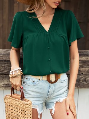 Summer Women Wear Solid Color Pleated Shirt Women