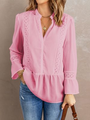 Spring Solid Color V-neck Chiffon Shirt Women Long Sleeve Loose Lace Shirt