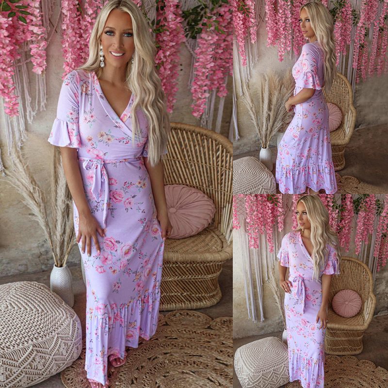 Summer Fashion Floral Print Short Sleeve V-neck Casual Dress Pajamas Women - Image 5