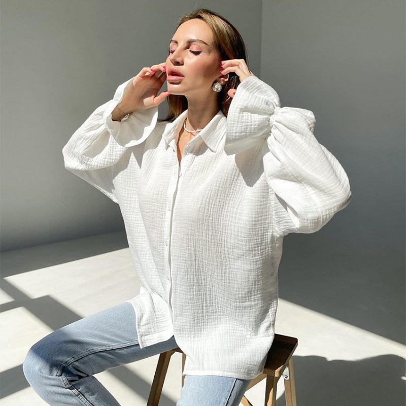 Autumn Flared Sleeves Long Sleeves Shirt Pure Cotton Casual Office Niche White Shirt For Women - Image 3