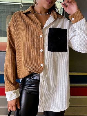 Autumn Winter Long Color Contrast Patchwork Top Pocket Sexy Single-Breasted Long Sleeve Shirt for Women