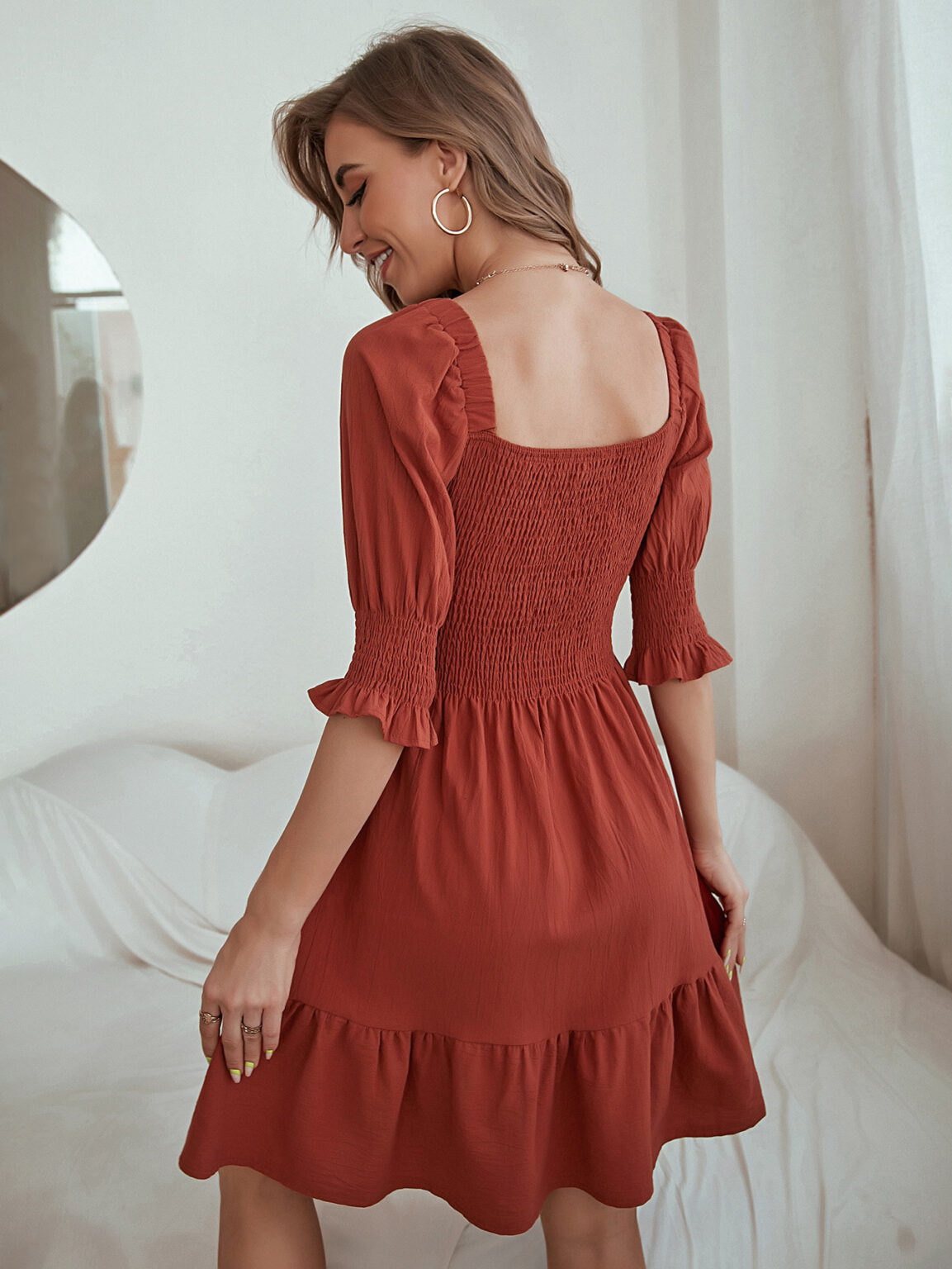 Women Clothing Solid Color Top Section Smocking Hem Stitching Dress - Image 4