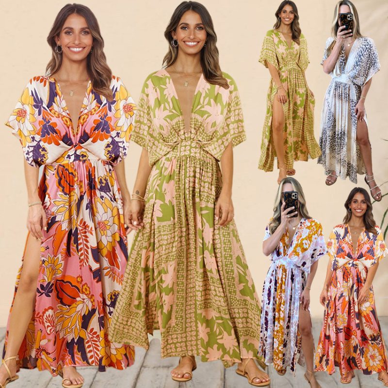 Summer Women Batwing Sleeve V-neck Printed Beach Dress Sexy Dress - Image 3