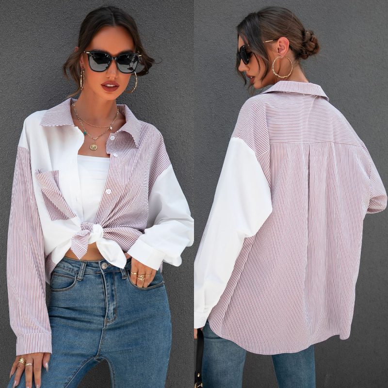 Autumn Winter Stitching Contrast Color Striped Shirt Female Spot - Image 4