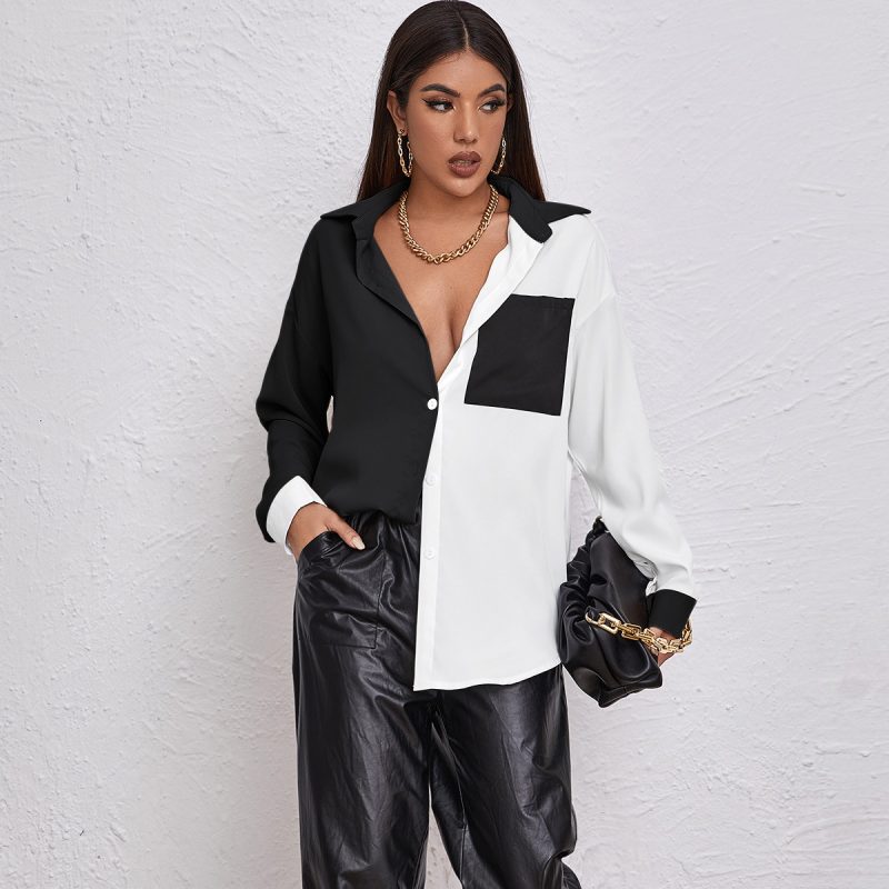 Autumn Winter Contrast Color Sexy Patchwork Top Pocket Long Sleeve Chiffon Shirt - Image 2