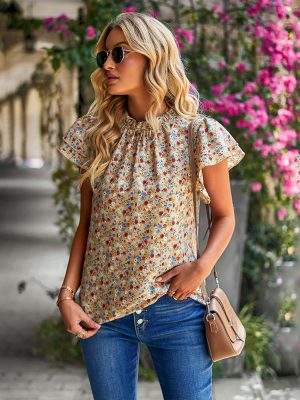 Spring Summer Women Clothing Loose Casual Top Floral round Neck Shirt Women