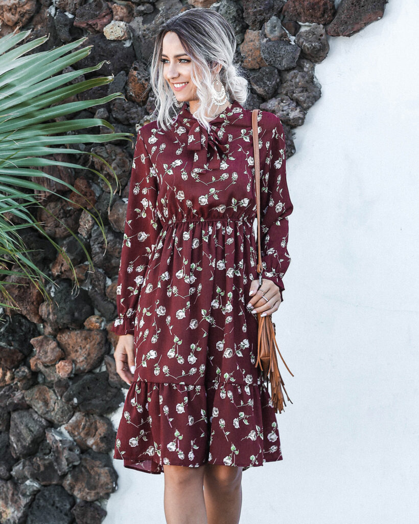 Women Clothing Autumn Bow Collar Bell Sleeve Floral Dress - Image 3