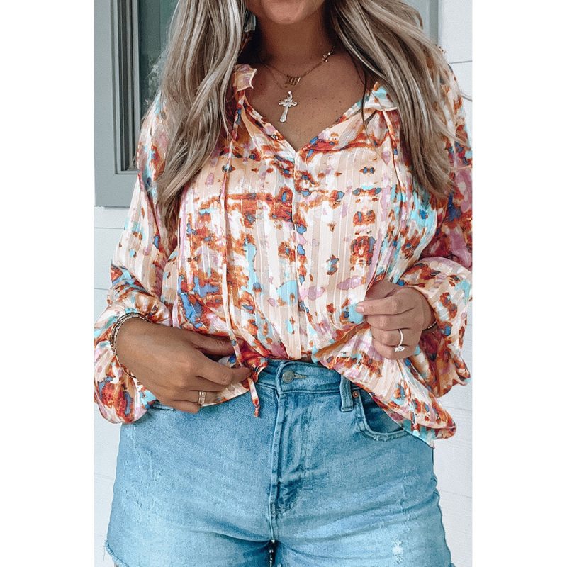Multi Color Pattern Printed Pleated Long Sleeved Shirt Women Chiffon Shirt - Image 3