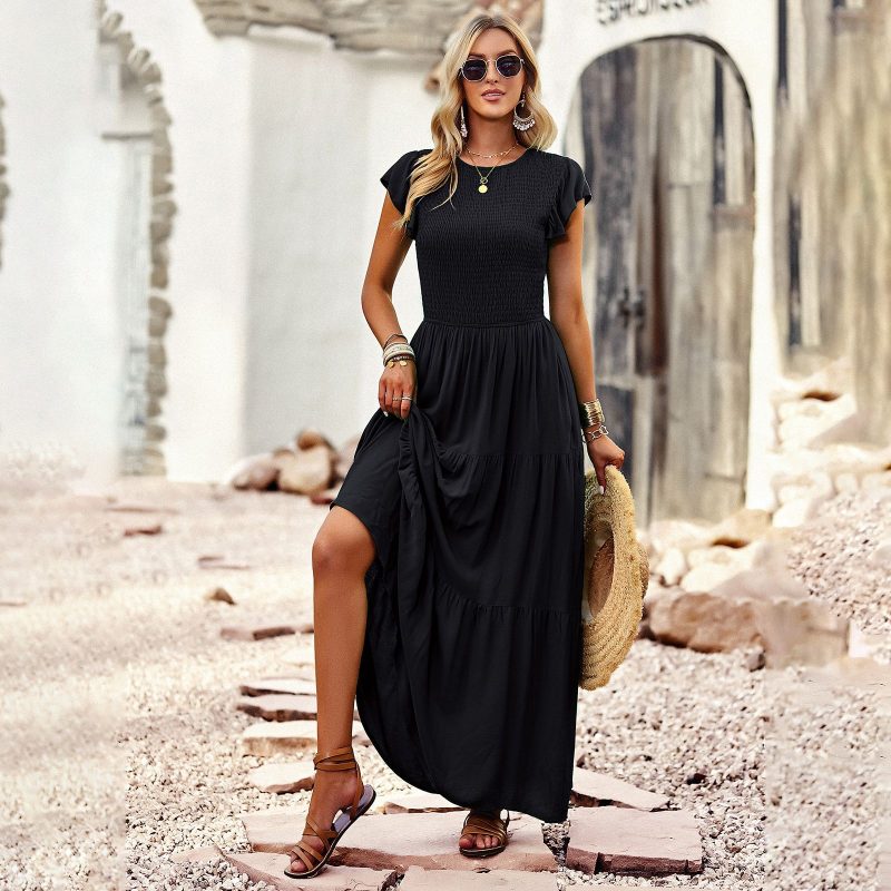 Solid Color Dress Summer Elegant round Neck Overknee Dress - Image 2