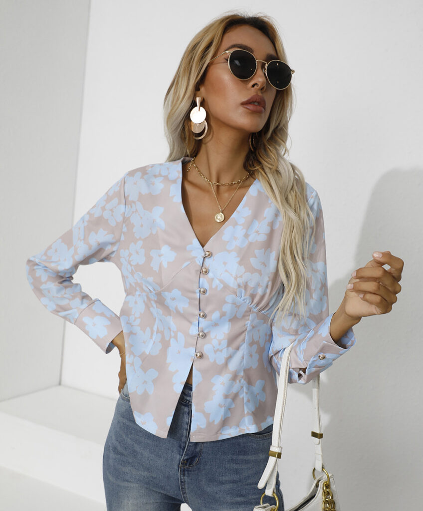 Fall Women Clothing Printing Single-Breasted V-neck Long Sleeve Shirt - Image 2