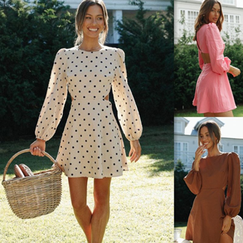 Women Clothing Crew Neck Backless Long Sleeves Vacation Dress - Image 4