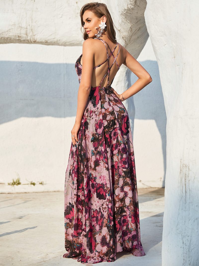 Spaghetti Strap Floral Print Long Holiday Dress - Image 5