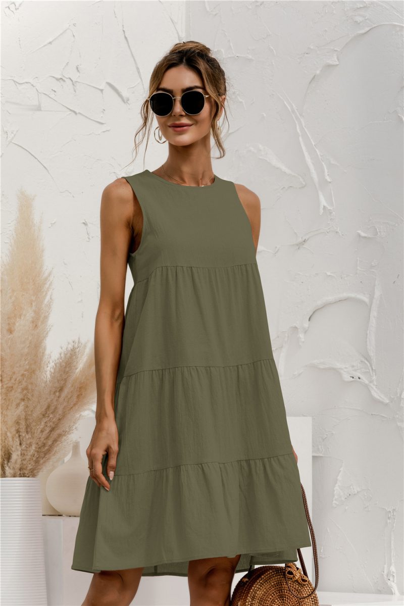 Spring Summer round Neck Sleeveless Stitching Loose Big Hem Vest Dress - Image 4