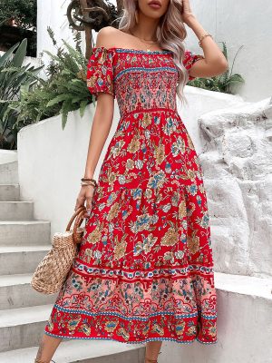 Summer Ethnic Women Clothing Off Neck Printed Dress