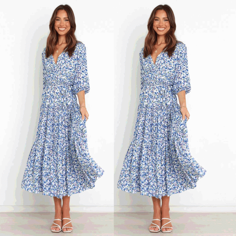 Spring Summer Floral Fresh Sweet Mid-Sleeve V neck Dress - Image 5