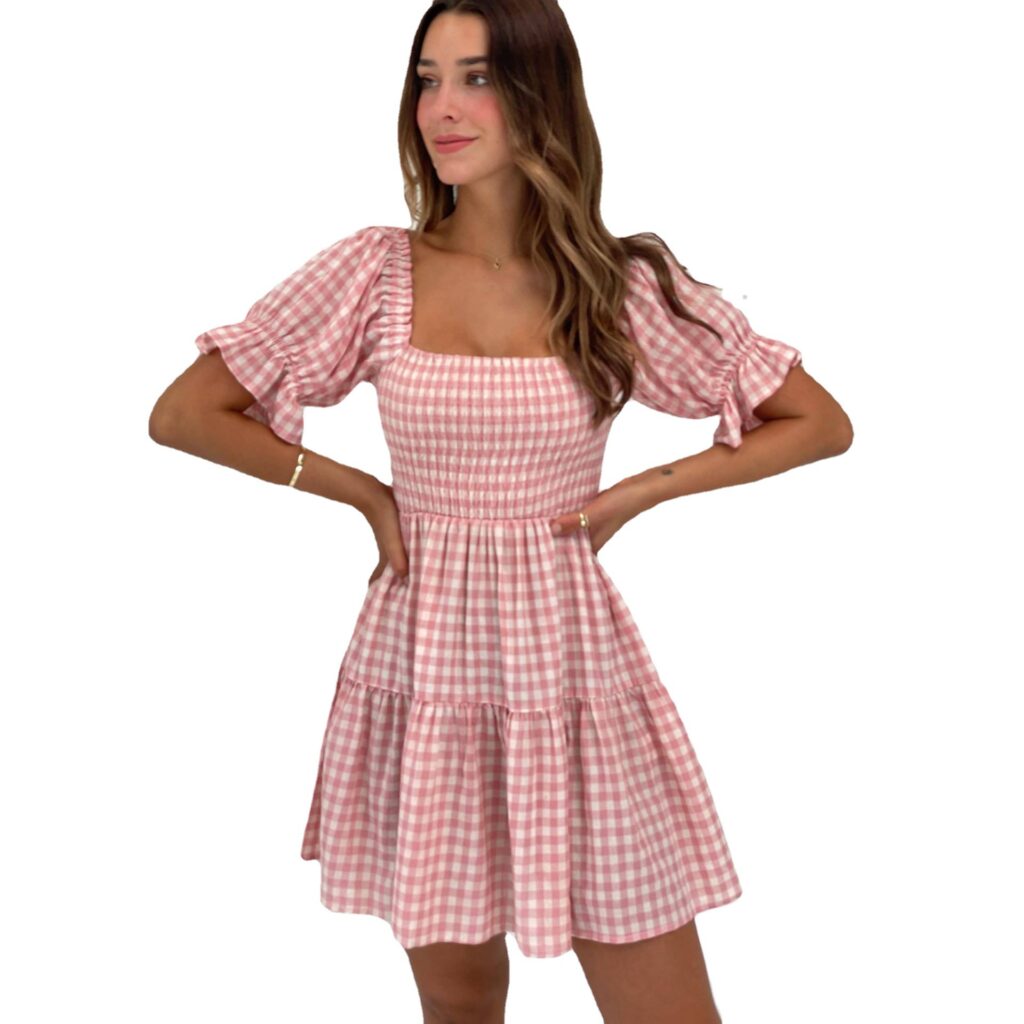 Summer Printed Checks Pleated Corset Casual Dress - Image 5