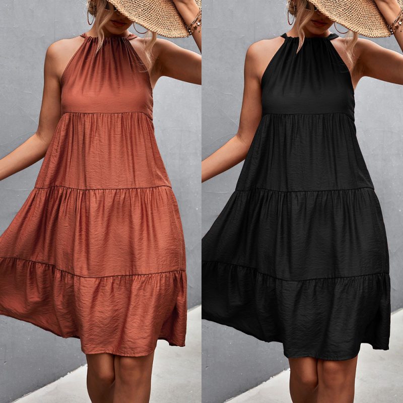 Spring Summer Halter Strap Gathers Stitching Dress for Women - Image 5