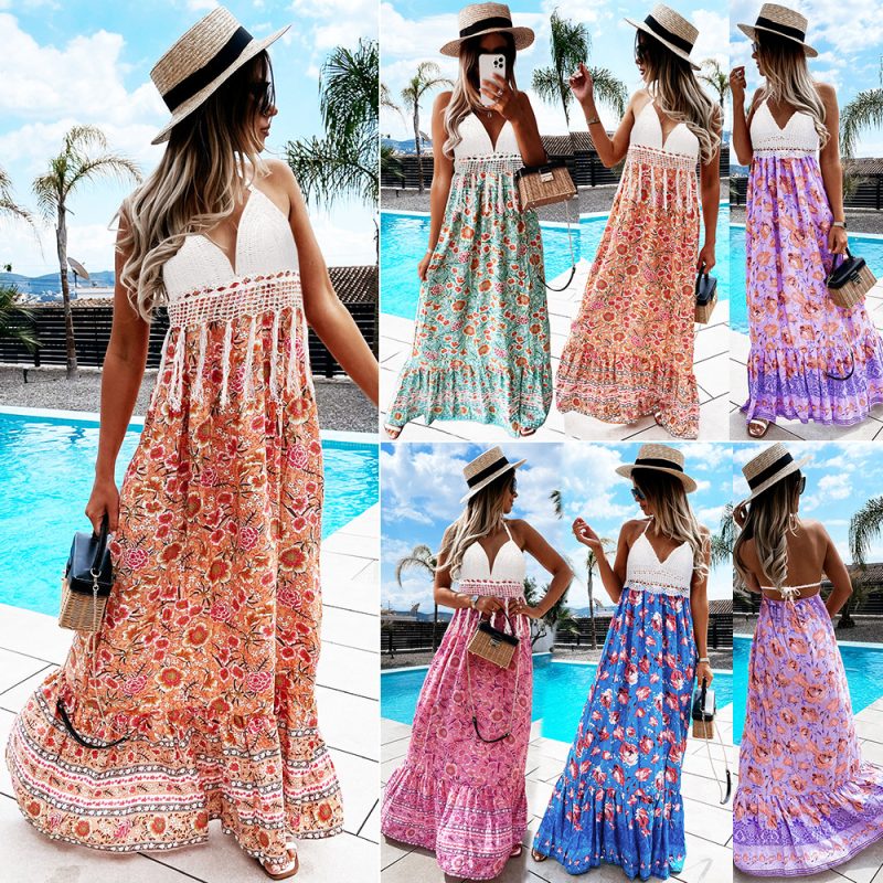 Spring Summer Sexy Floral  Women Crochet Bra Halter Maxi Dress - Image 4