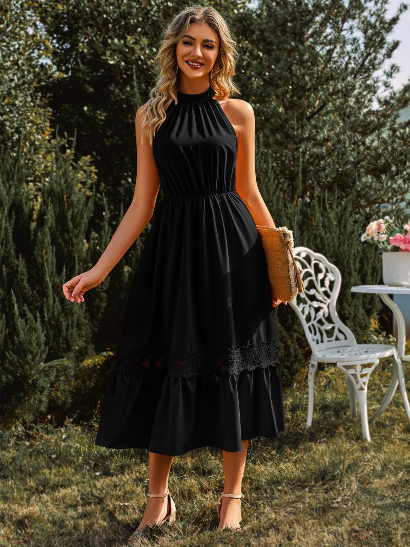 Summer Casual Women Clothing Solid Color Sleeveless Halter Lace Dress - Image 2